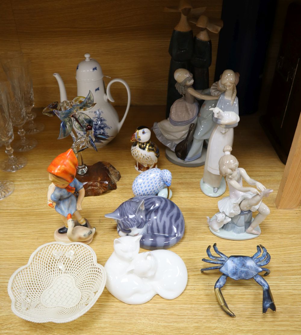 Four Lladro porcelain figures, a Rosenthal coffee pot, Herend quail, Copenhagen cat and other items to include Derby and Belleek